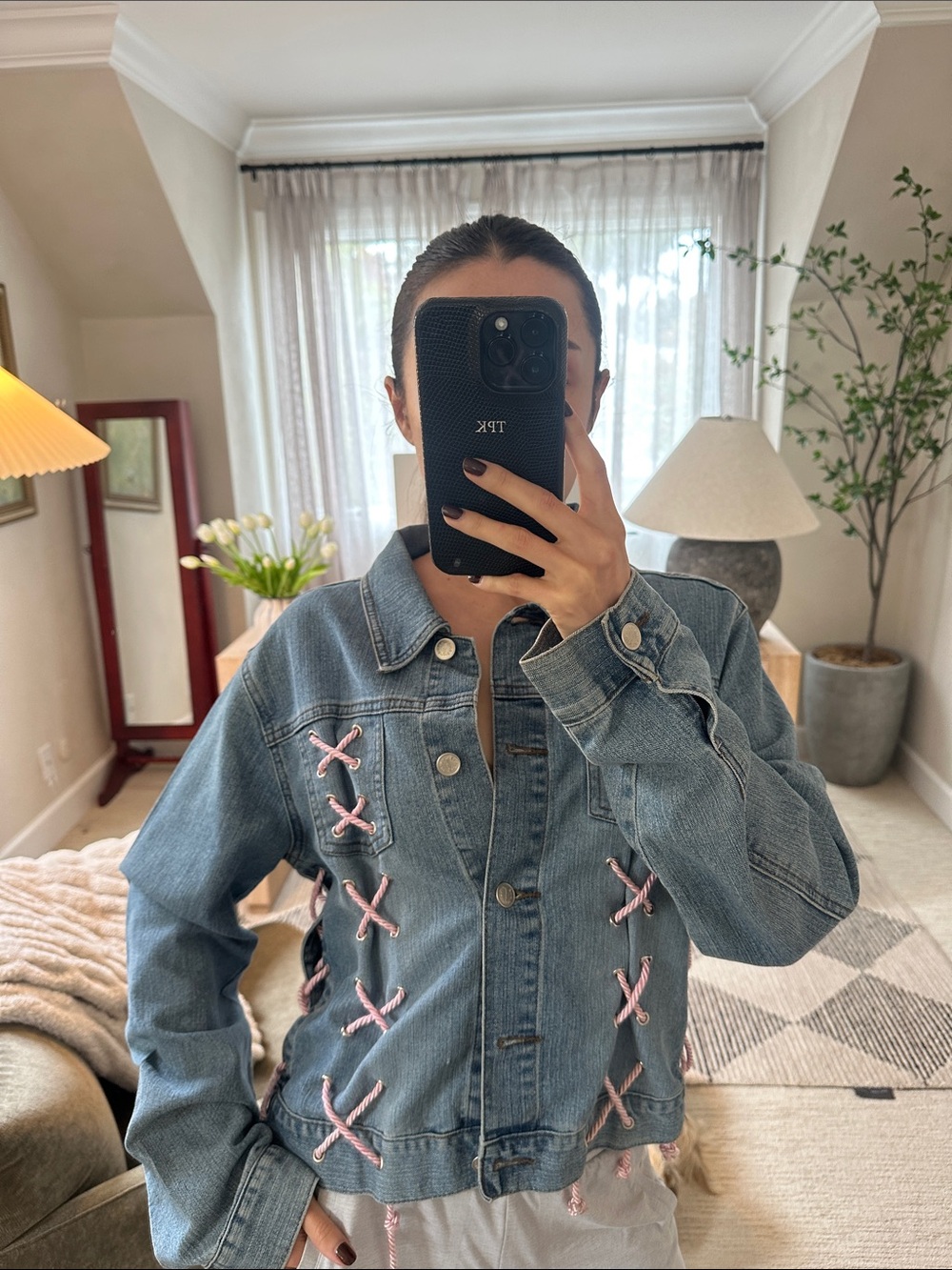 Rare Vintage Find! Denim Jacket with Pink Lace-Up Detail